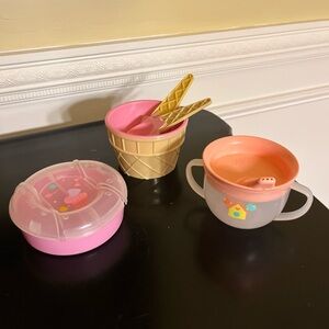 vintage 80s/90s baby sippy cup , snack bowl/lid, icecream style bowl w/2 spoons